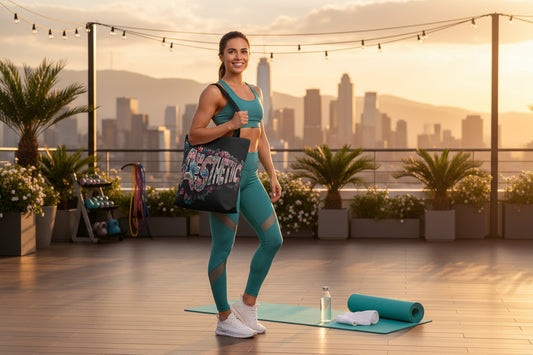 Woman in workout attire holding a black floral tote bag with a gym cityscape background.