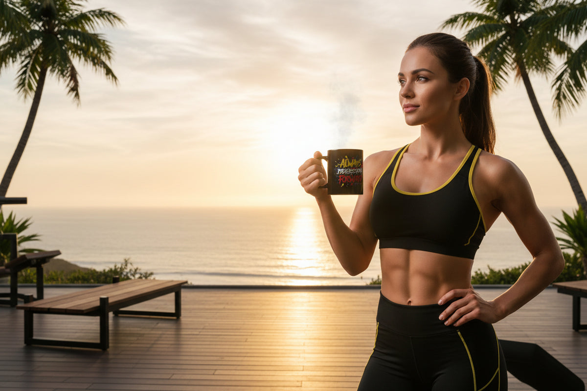 Woman in athletic wear holding a mug that says Always Progressing Forward with a scenic background.