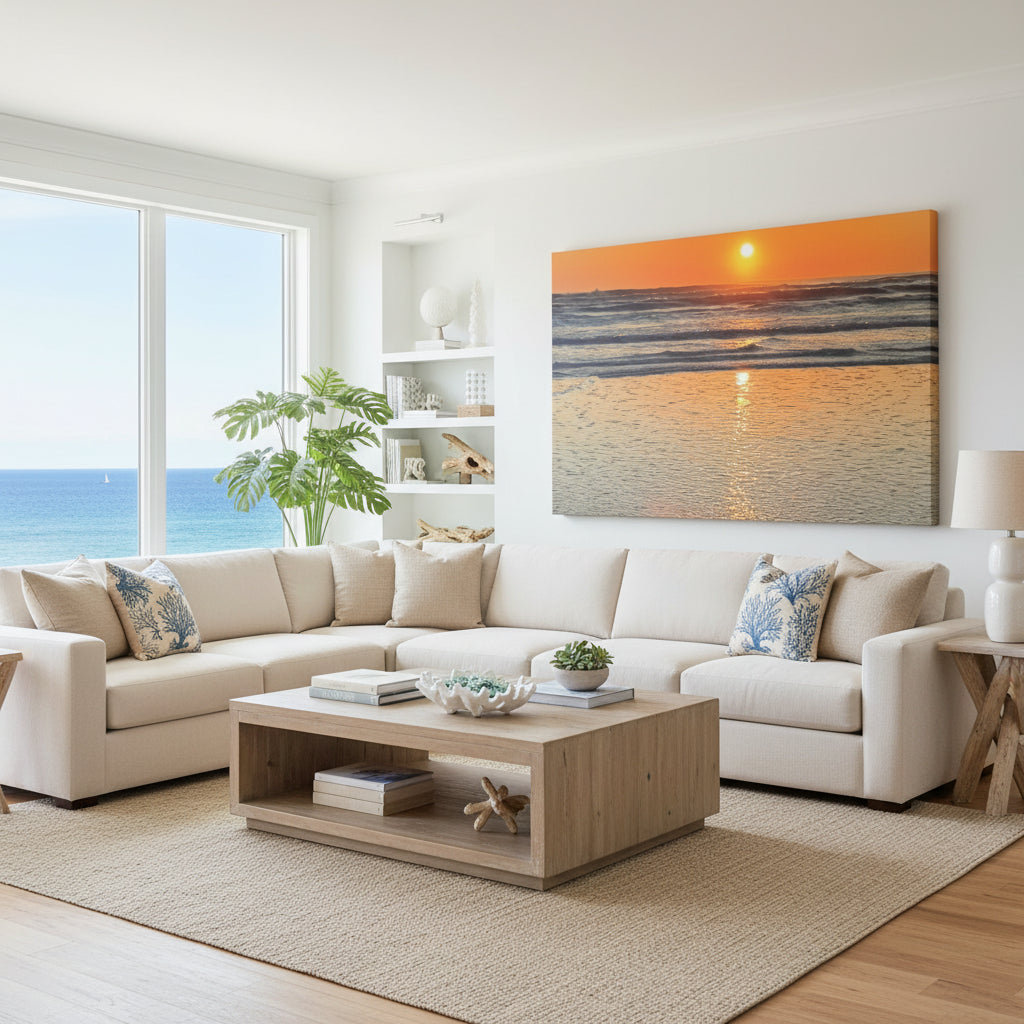 Modern living room with a sectional sofa, coffee table, and sunset beach artwork.