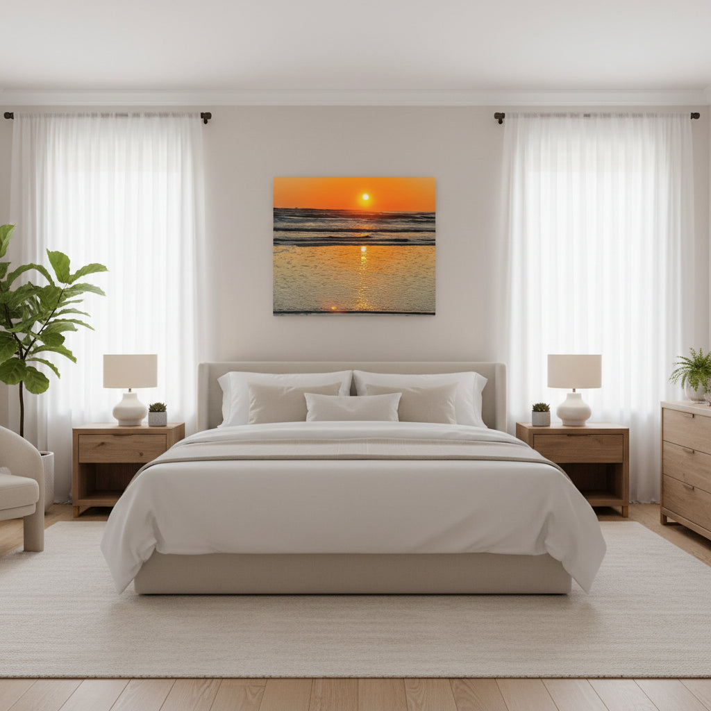 Modern bedroom with a sunset painting on the wall, white bedding, and wooden furniture.