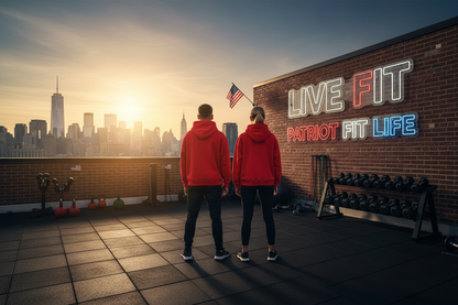 A man and a woman in matching red hoodies standing on a rooftop gym terrace at sunset, facing a city skyline. A brick wall displays the text 'LIVE FIT and PATRIOT FIT LIFE' in glowing lettering, with dumbbells, kettlebells, and an American flag visible.