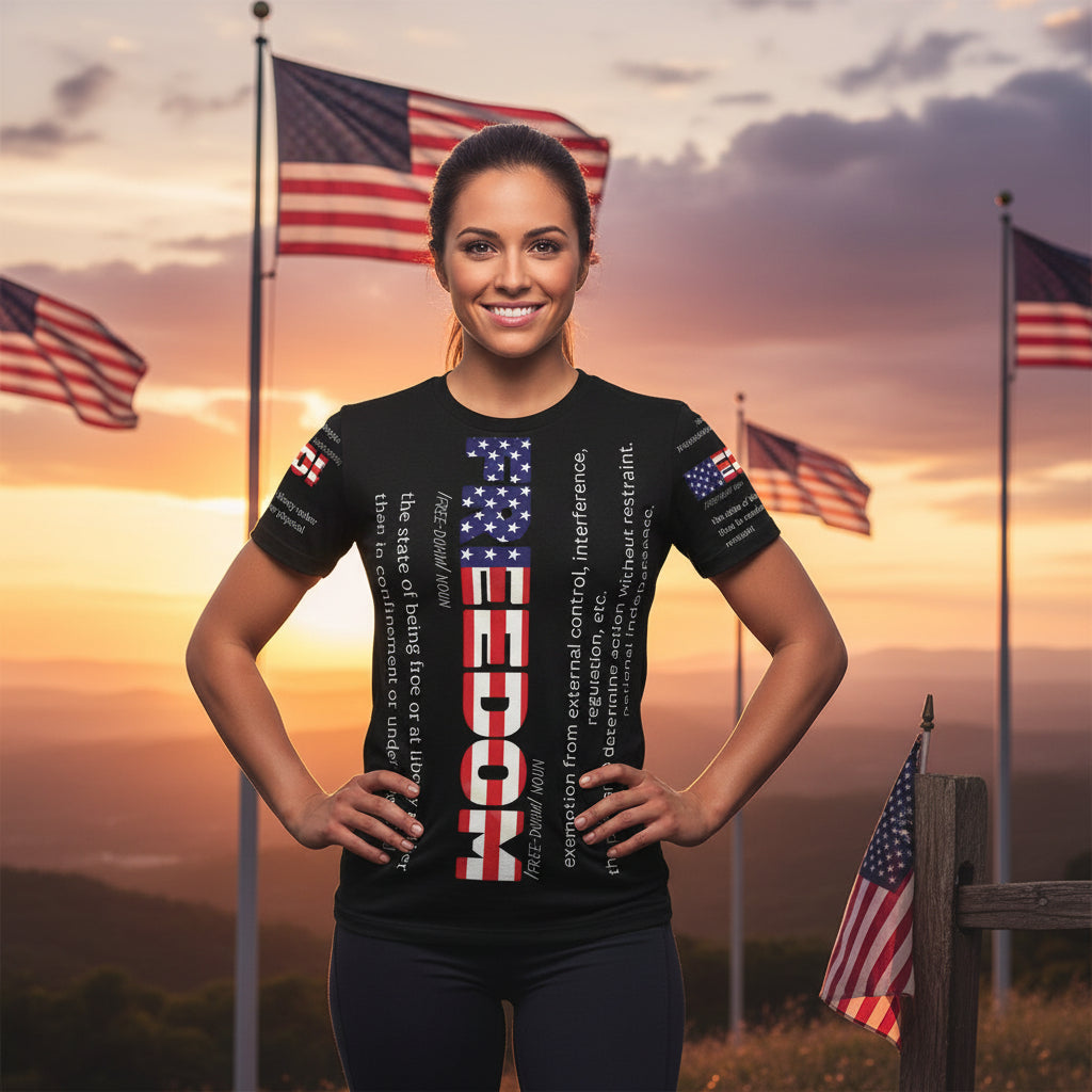 A person wearing a black and red t-shirt with an all-over print that includes the word 'FREEDOM' and American flag elements.
