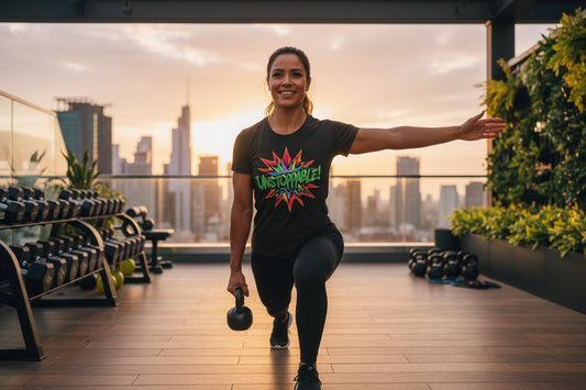 Black t-shirt with a colorful 'Unstoppable!' design.