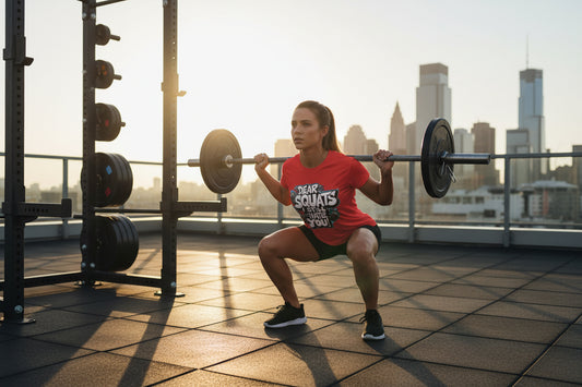 A woman lifting weights on a rooftop with a city skyline in the background, wearing a red t-shirt that says Dear Squats I Still Hate You!