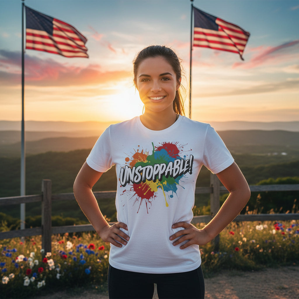 White t-shirt with an 'UNSTOPPABLE!' graphic design up against a scenic patriotic background.