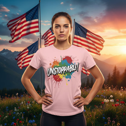 Woman wearing a pink 'UNSTOPPABLE!' t-shirt with American flags and a scenic background.