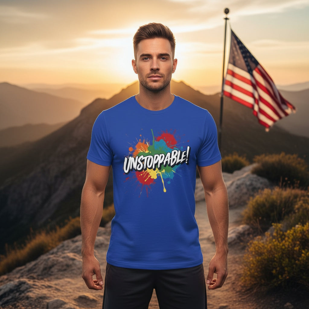 Man wearing a blue t-shirt with 'Unstoppable!' design in a mountainous landscape with an American flag.