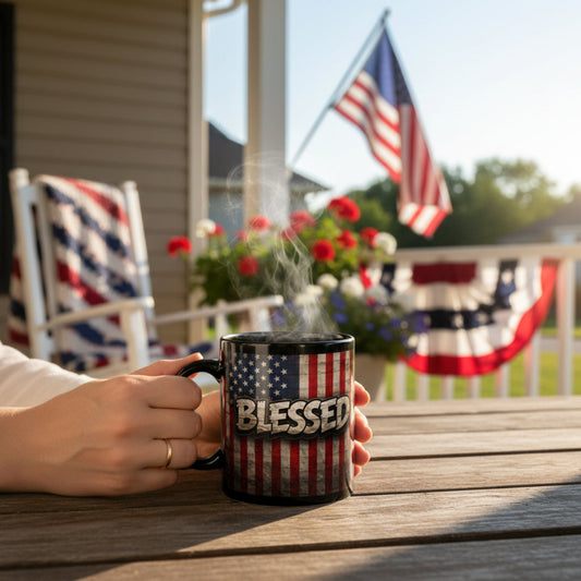 Person holding a mug with 'BLESSED' on an American flag design, outdoors with American flags and flowers in the background.
