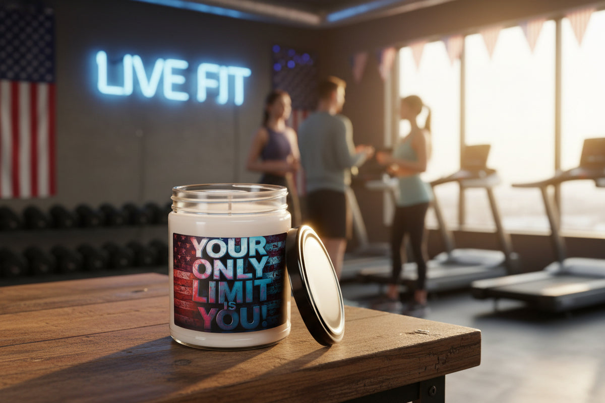 Candle with the motivational label Your Only Limit Is You! on a wooden table with an American flag and 'Live Fit' banner in the background.
