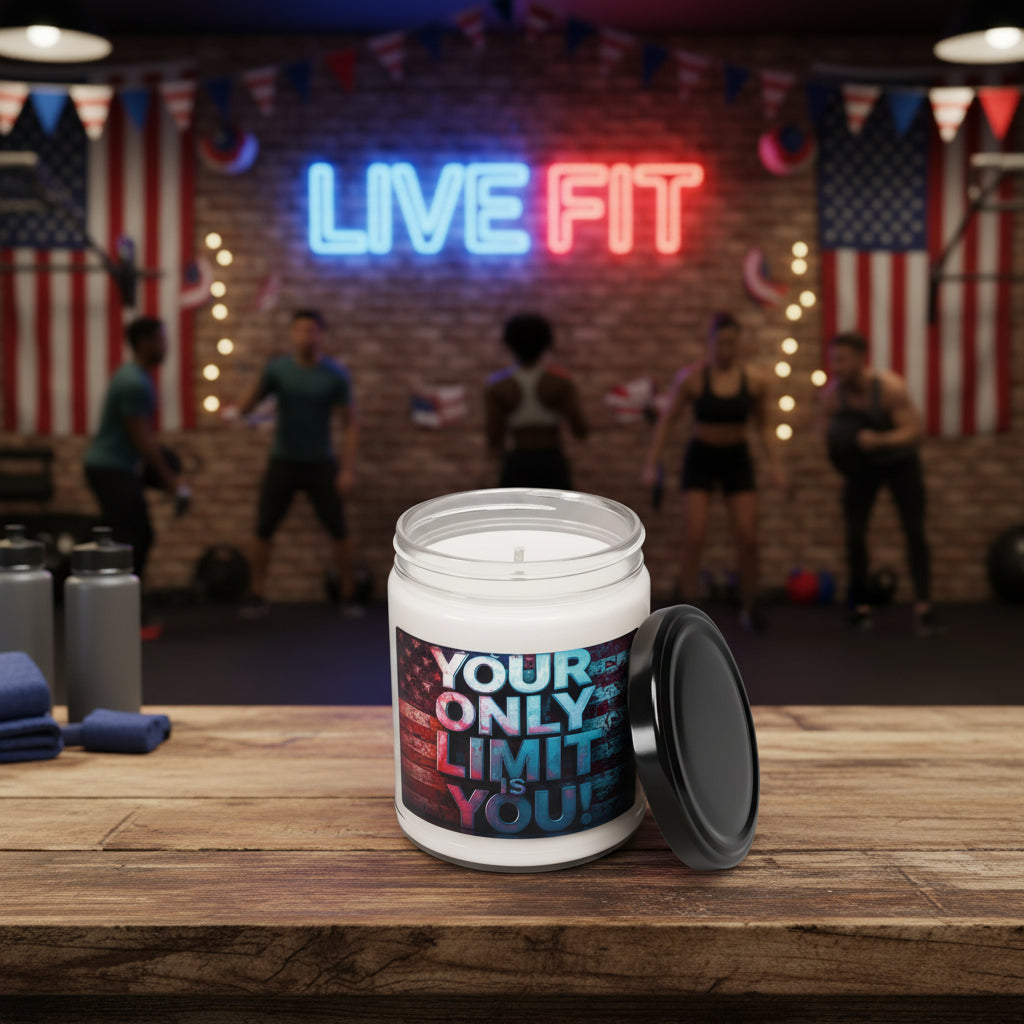 Candle with the motivational label Your Only Limit Is You! on a wooden table with an American flag and 'Live Fit' banner in the background. 
