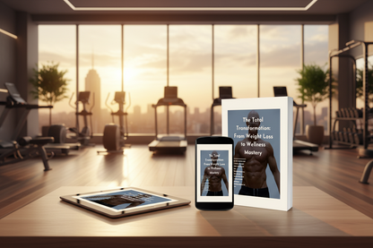 Promotional image featuring an eBook titled 'The Total Transformation: From Weight Loss to Wellness Mastery' displayed across various devices with a gym background.